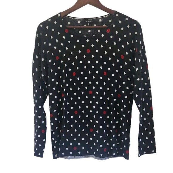 Talbots Merino Wool Black White Red Polka Dot Pullover Sweater Top